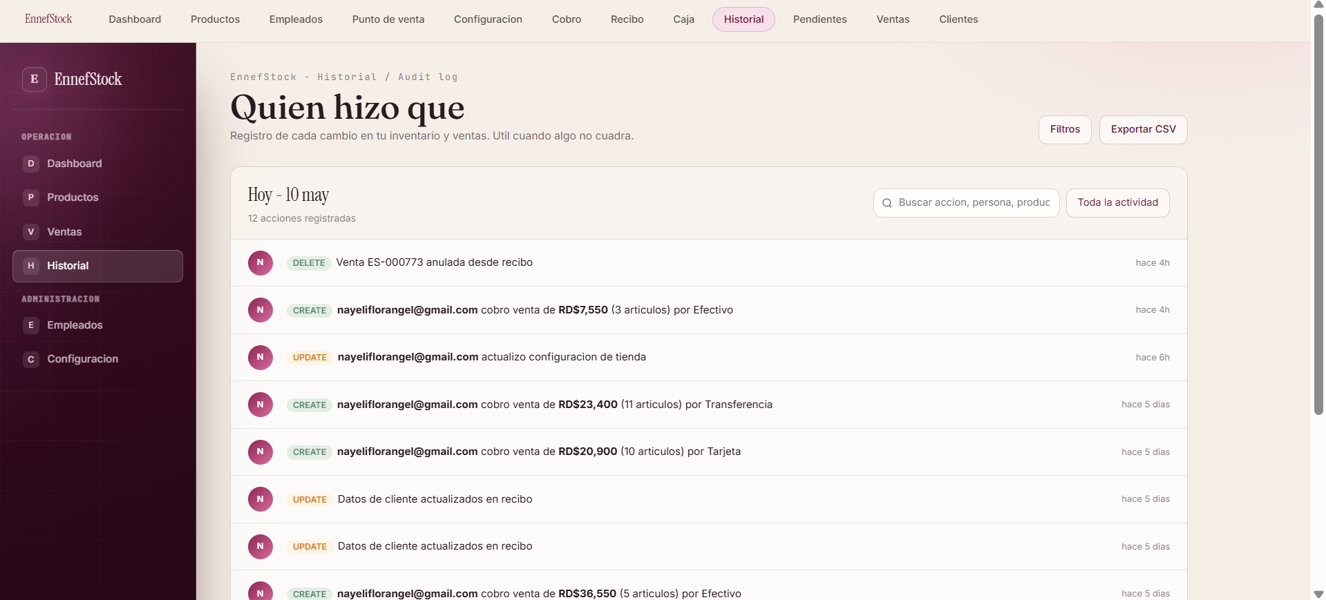 Historial de movimientos de EnnefStock con registro de cambios, ventas y acciones del negocio