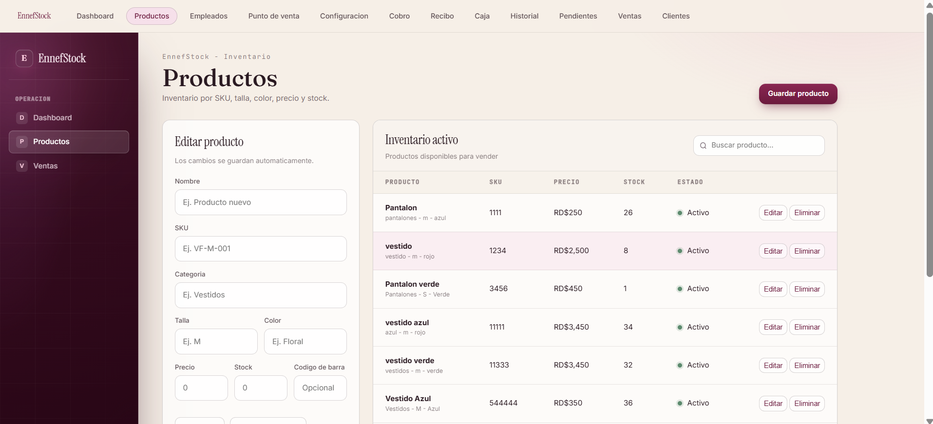 Inventario de EnnefStock con formulario de producto y tabla de productos activos
