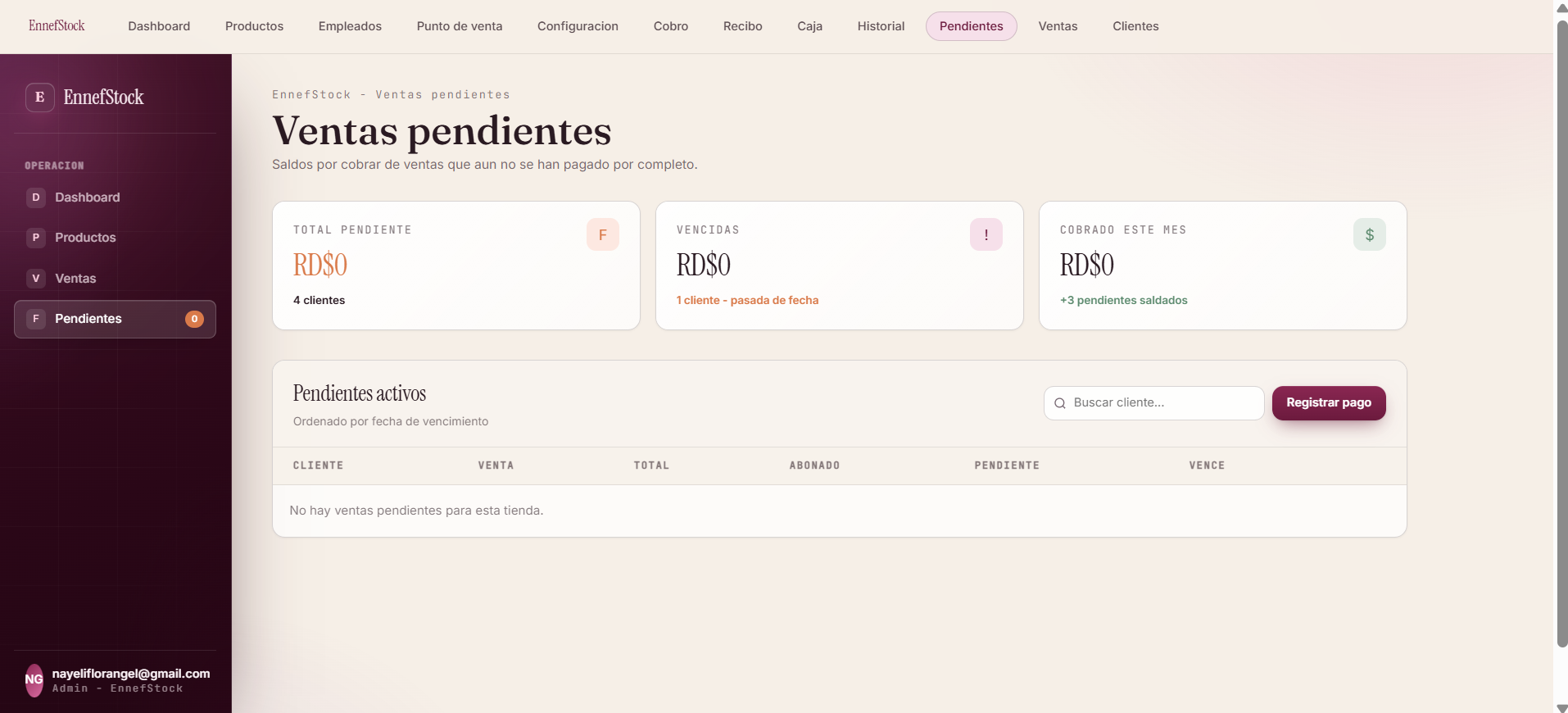 Vista de ventas pendientes y cuentas por cobrar en EnnefStock